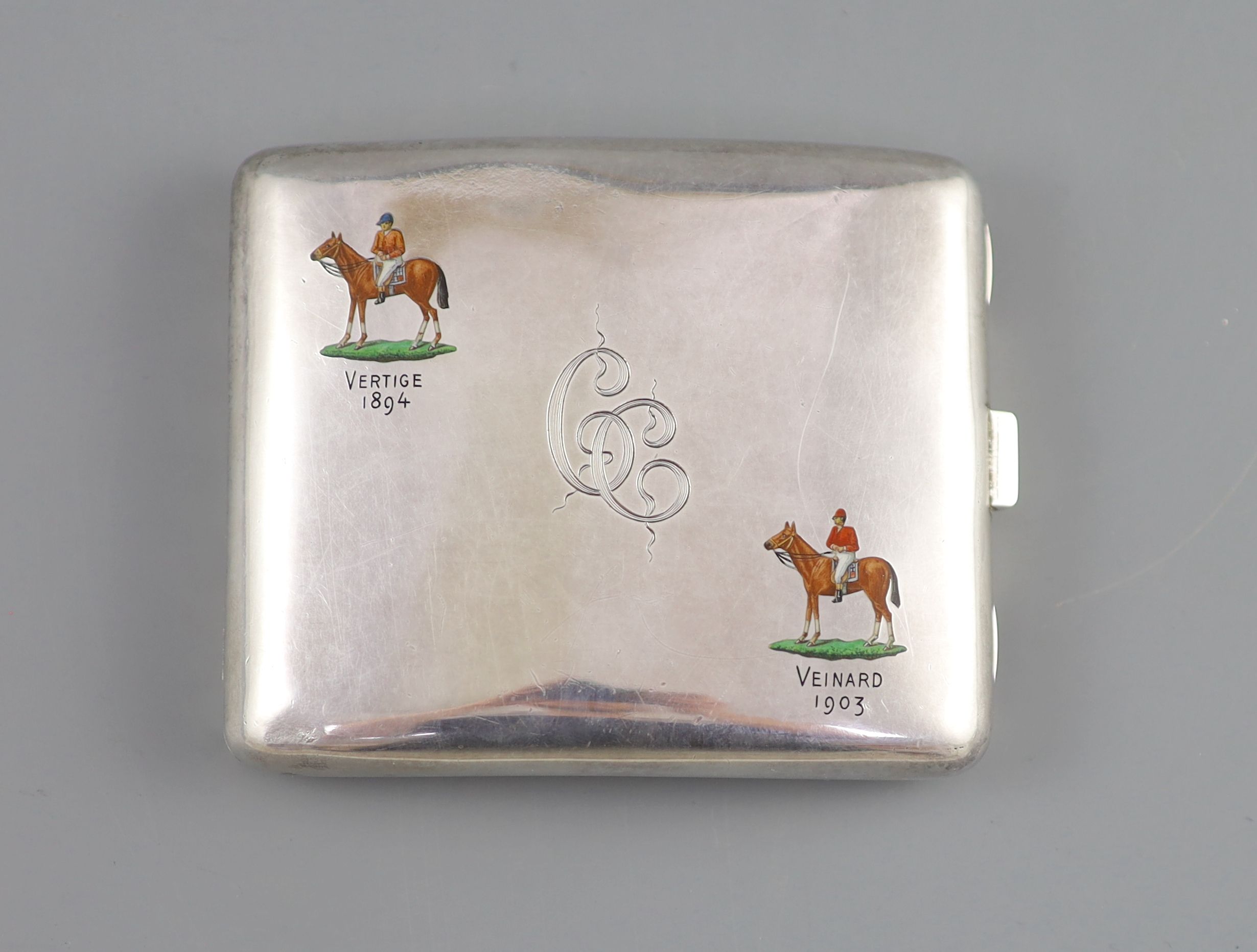 A late Victorian enamelled silver horse racing related cigarette case with presentation inscription to Charles Carter, 1903, see lot for related items